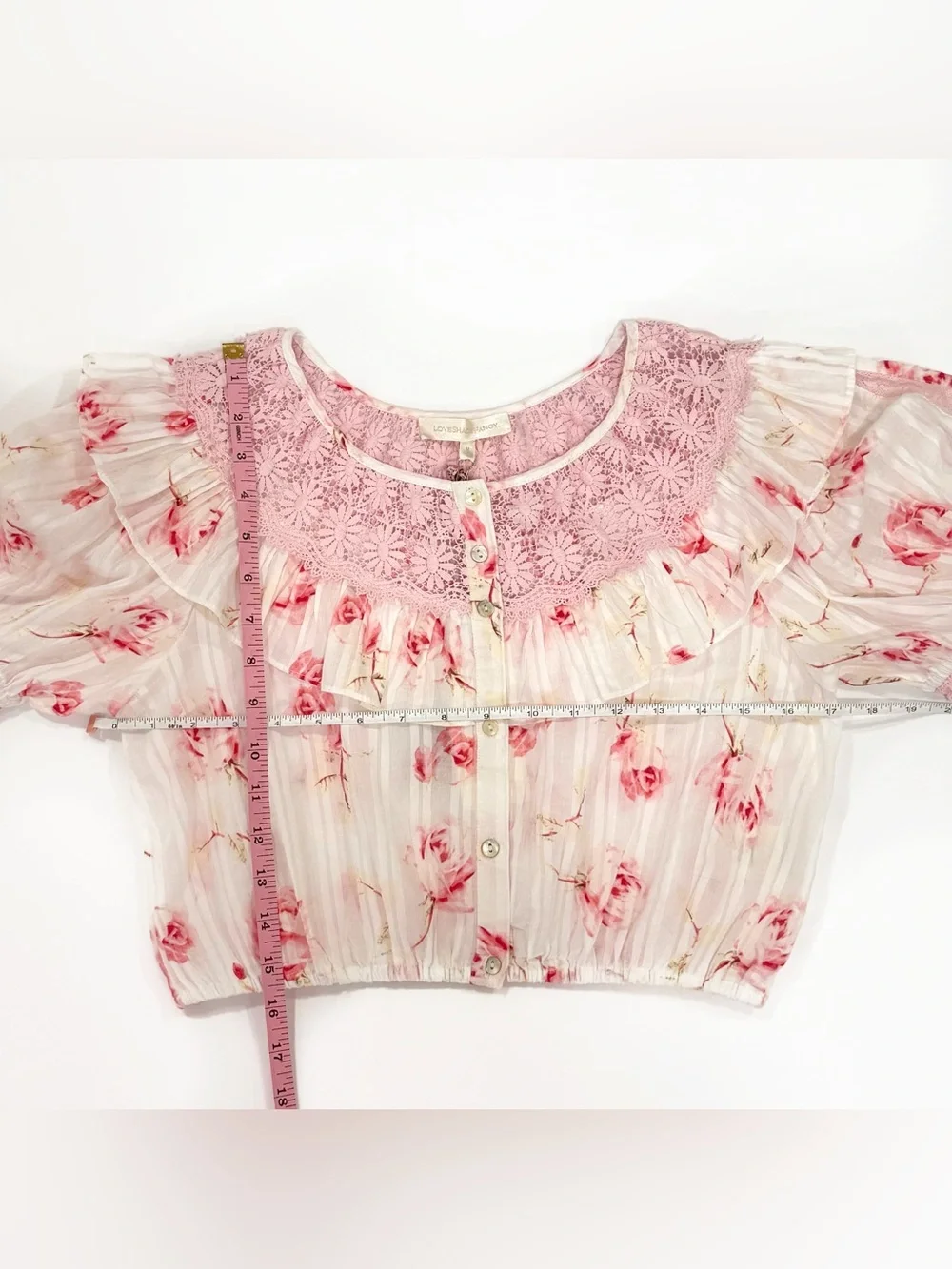 NWT LoveShackFancy Pink & Cream Floral Ruffled Cropped Blouse | Size M - Picture 6 of 6
